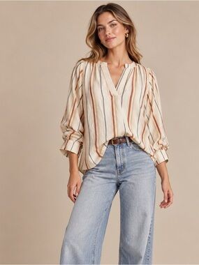 Anthropologie Maeve Striped Balloon Sleeve Blouse XS Ivory Rust Peasant Top